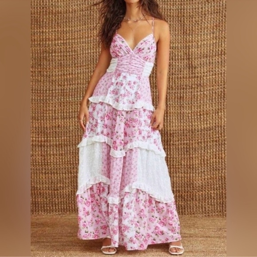 Altar'd State Pink and White Floral Maxi Dress